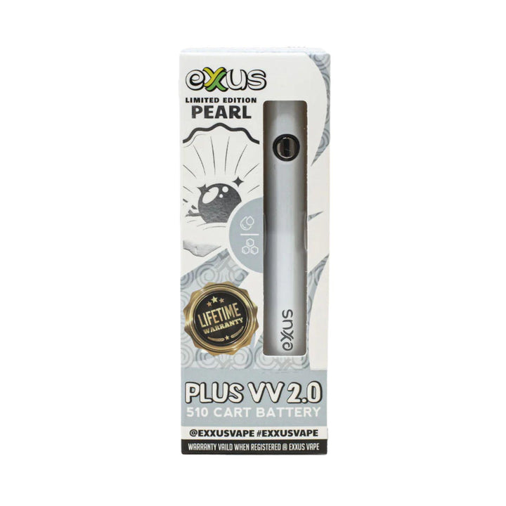 "Exus Plus VV 2.0 vape battery packaging in the color Pearl on a white background," - Up N Smoke.