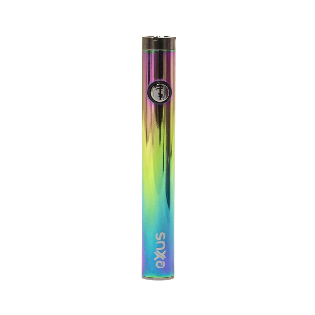 "A rainbow gradient-colored Exxus Plus VV 2.0 510 Cartridge Battery on a white background. This item is used to vaporize concentrates," - Up N Smoke.