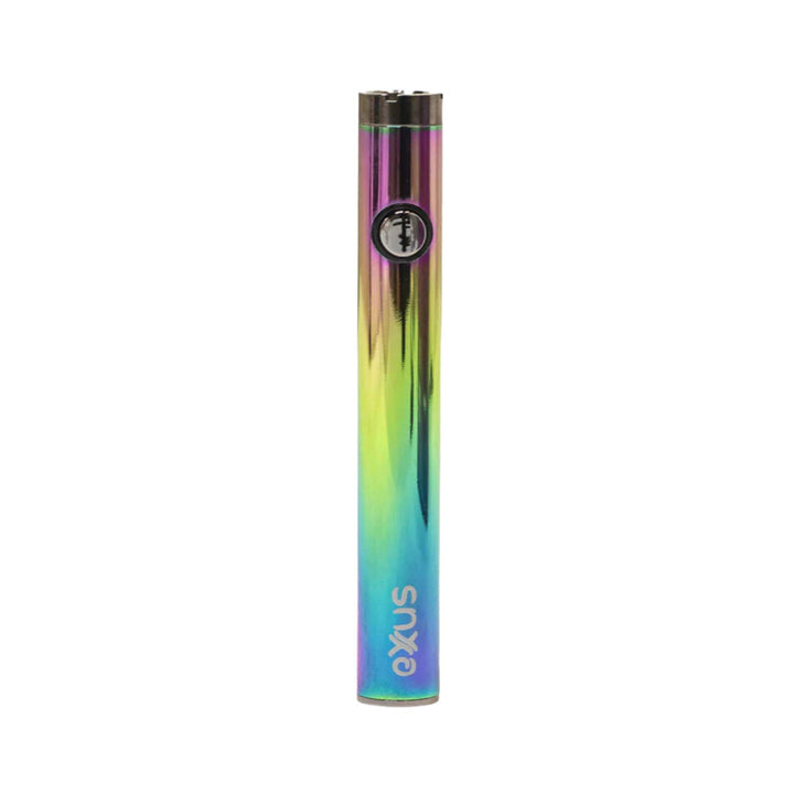 "A rainbow gradient-colored Exxus Plus VV 2.0 510 Cartridge Battery on a white background. This item is used to vaporize concentrates," - Up N Smoke.