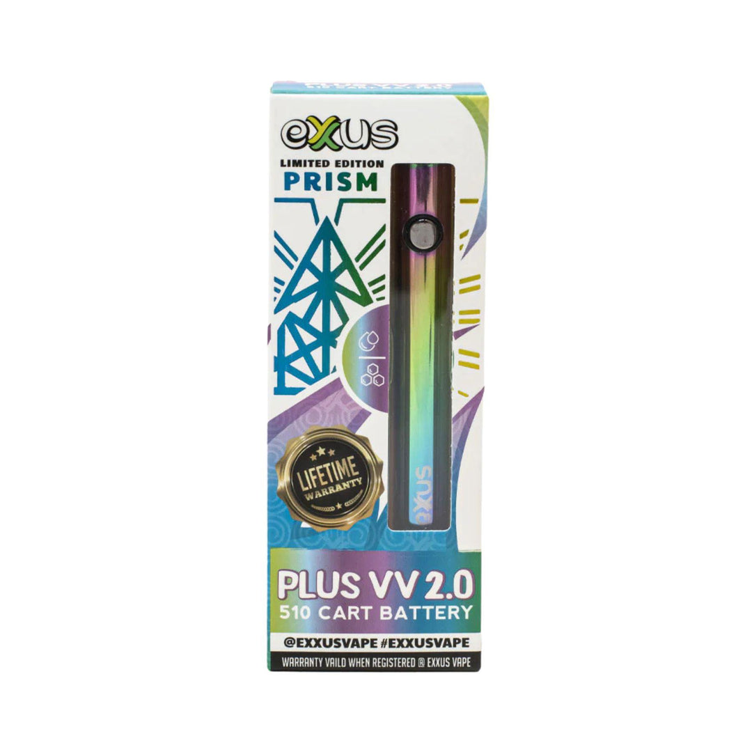 "An Exxus Plus VV 2.0 Cartridge Battery box in the color Prism. The packaging has a small window, showcasing the product, surrounded by a design of an iridescent geometric prism," - Up N Smoke.