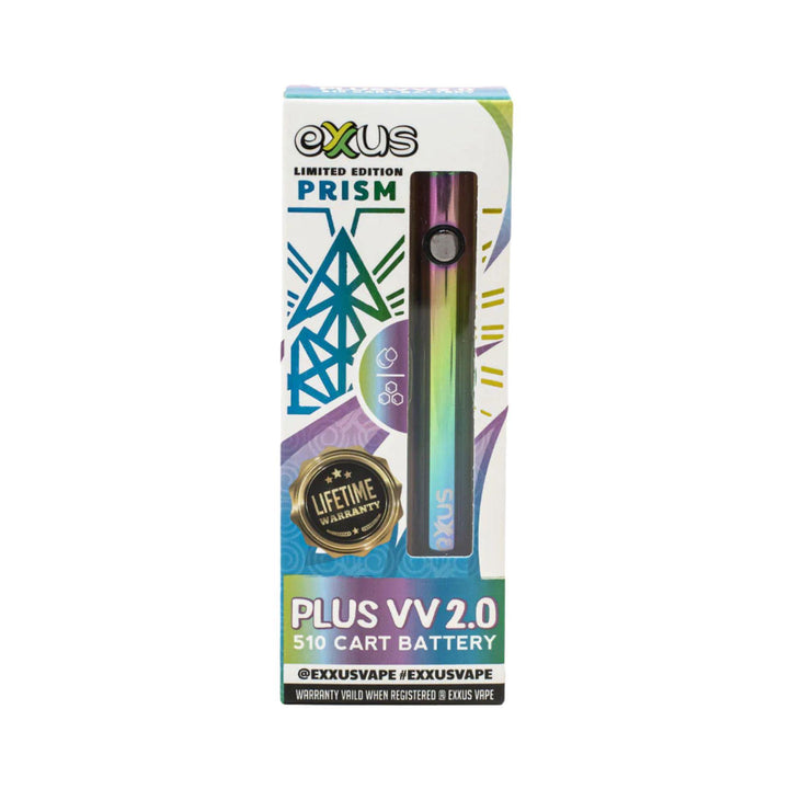 "An Exxus Plus VV 2.0 Cartridge Battery box in the color Prism. The packaging has a small window, showcasing the product, surrounded by a design of an iridescent geometric prism," - Up N Smoke.