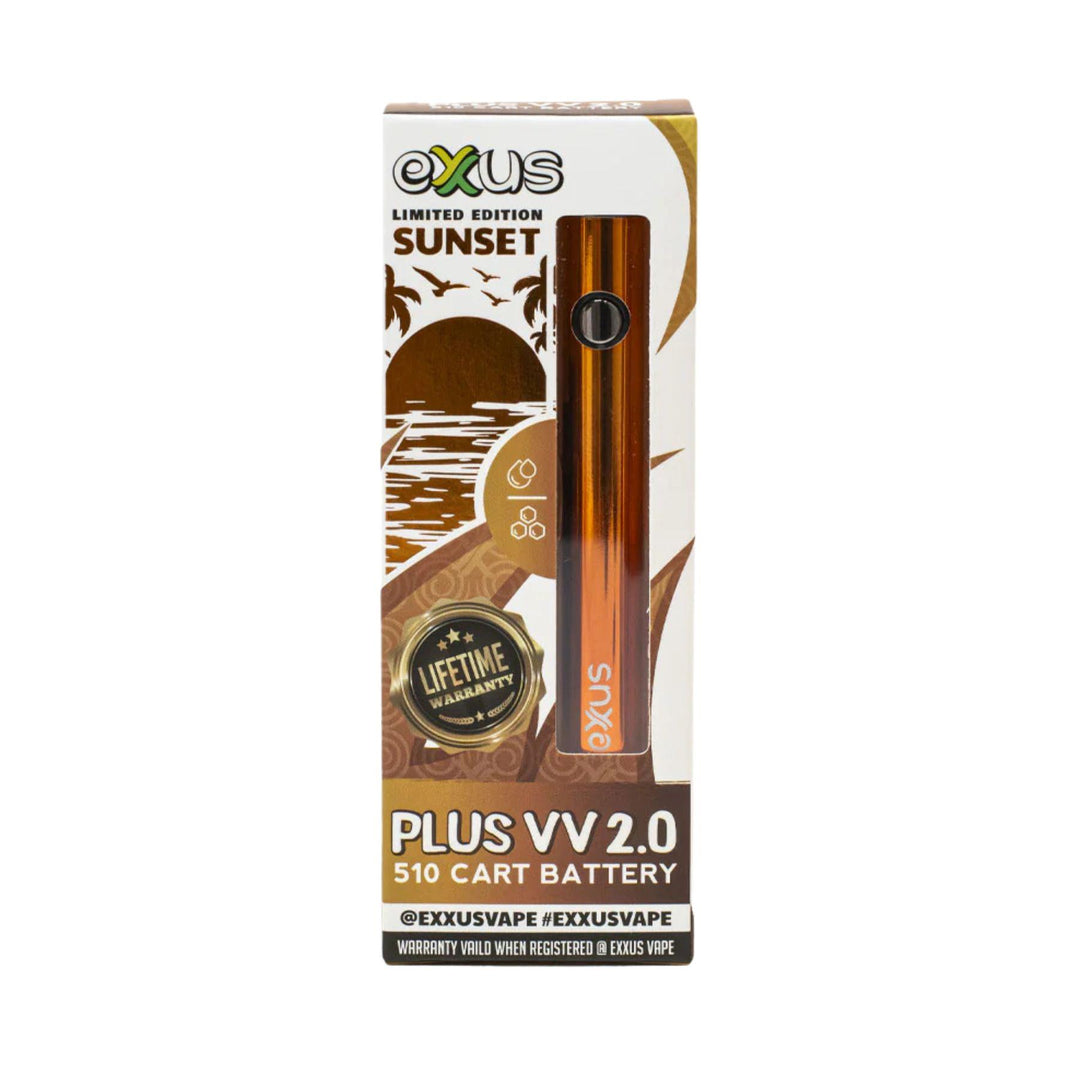 "Packaging of an Exxus Plus VV 2.0 510 Cartridge Vaporizer Battery in the color Sunset. The box features a small viewing window, showcasing the product," - Up N Smoke.