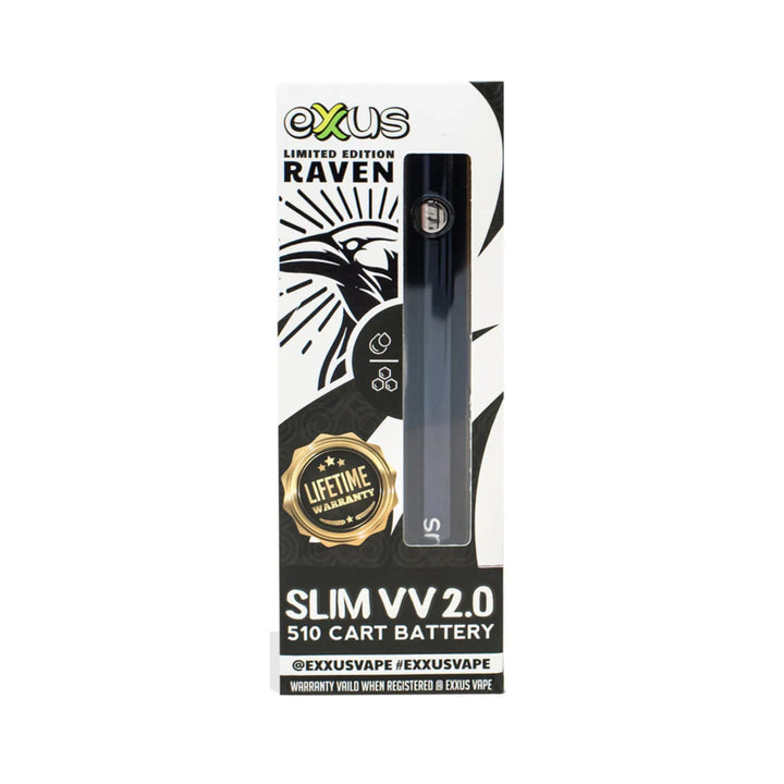 "The box of an Exxus Slim VV2 510 Vaporizer Battery in the color Raven black. The box features a graphic of a black Raven and has a cut-out window showcasing the product," - Up N Smoke.
