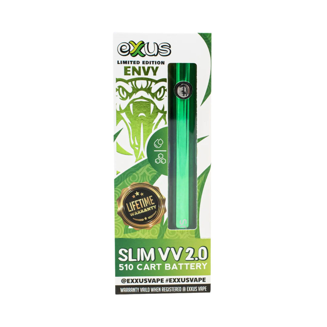"The box of an Exxus Slim VV2 510 Vaporizer Battery in the color Envy green," - Up N Smoke.