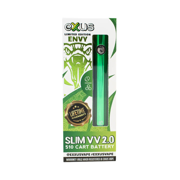 "The box of an Exxus Slim VV2 510 Vaporizer Battery in the color Envy green," - Up N Smoke.