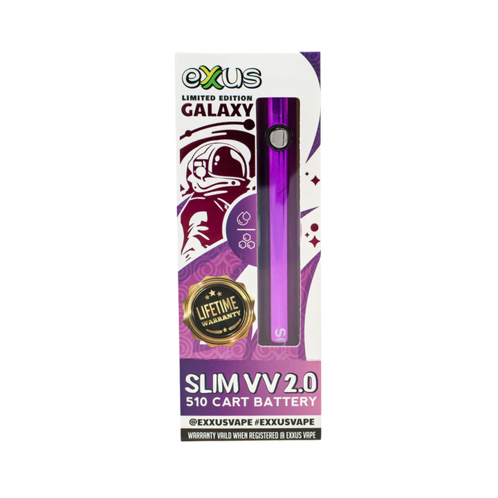 "The box of an Exxus Slim VV2 510 Thread Battery in the color Galaxy against a white background," - Up N Smoke. 