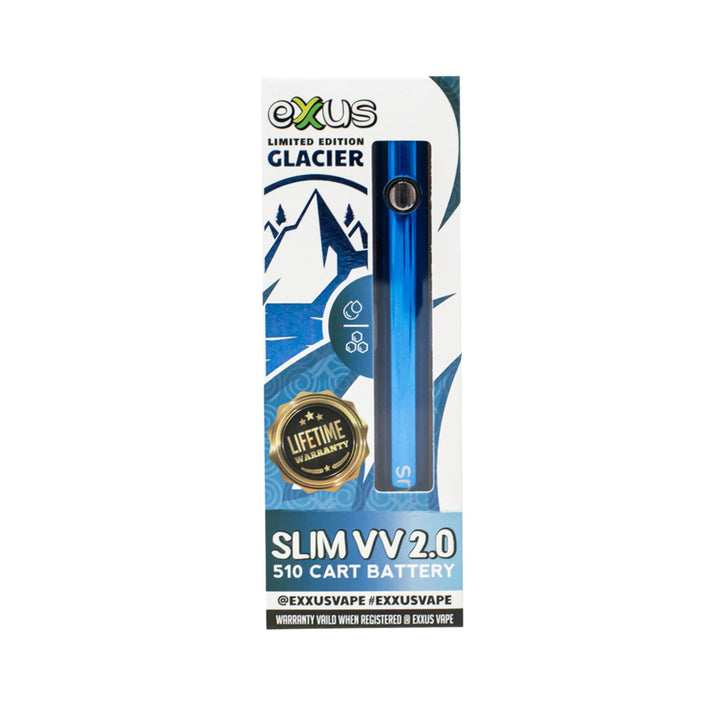 "Box of an Exxus Slim VV2 510 Vaporizer Battery against a white background," - Up N Smoke.