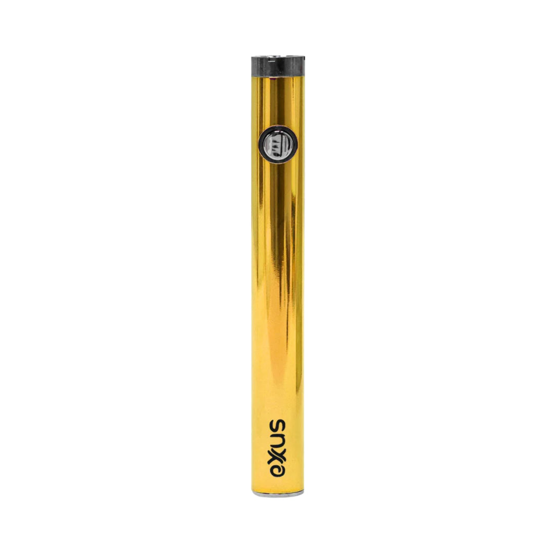 "A gold Exxus Slim VV2 510 Vaporizer Battery against a white background," - Up N Smoke.