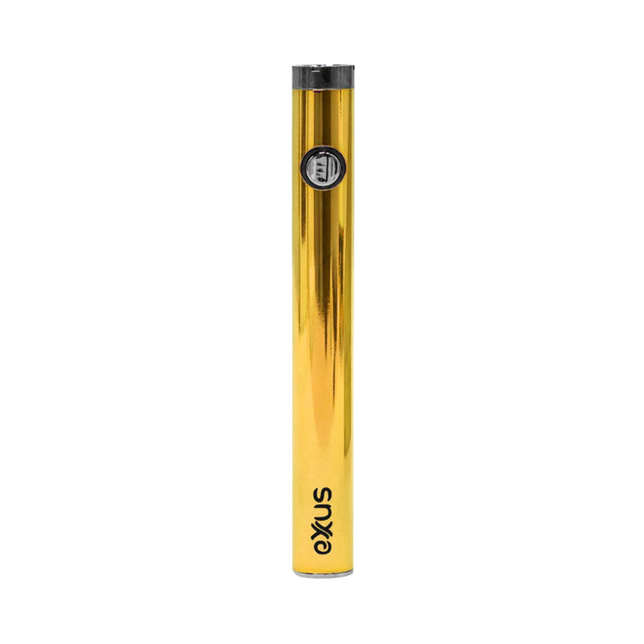 "A gold Exxus Slim VV2 510 Vaporizer Battery against a white background," - Up N Smoke.