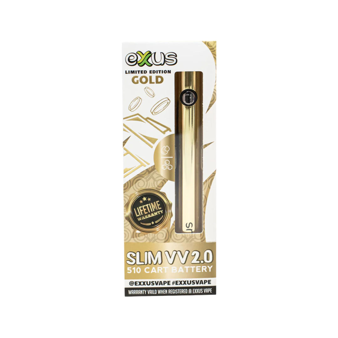 "A box containing a gold Exxus Slim VV2 510 Vaporizer Battery. The box features a cut-out window to view the product, and is designed with gold embellishments and graphics of gold bars and coins," - Up N Smoke.