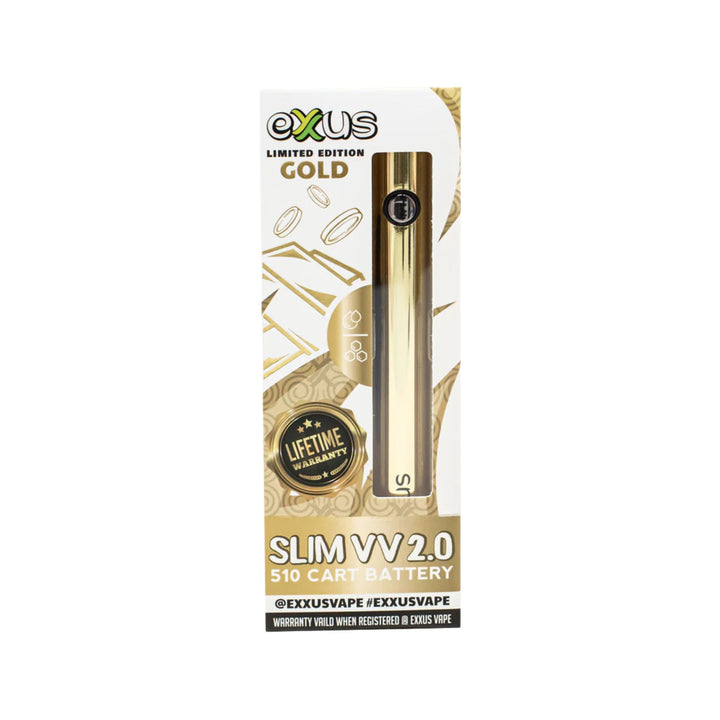 "A box containing a gold Exxus Slim VV2 510 Vaporizer Battery. The box features a cut-out window to view the product, and is designed with gold embellishments and graphics of gold bars and coins," - Up N Smoke.