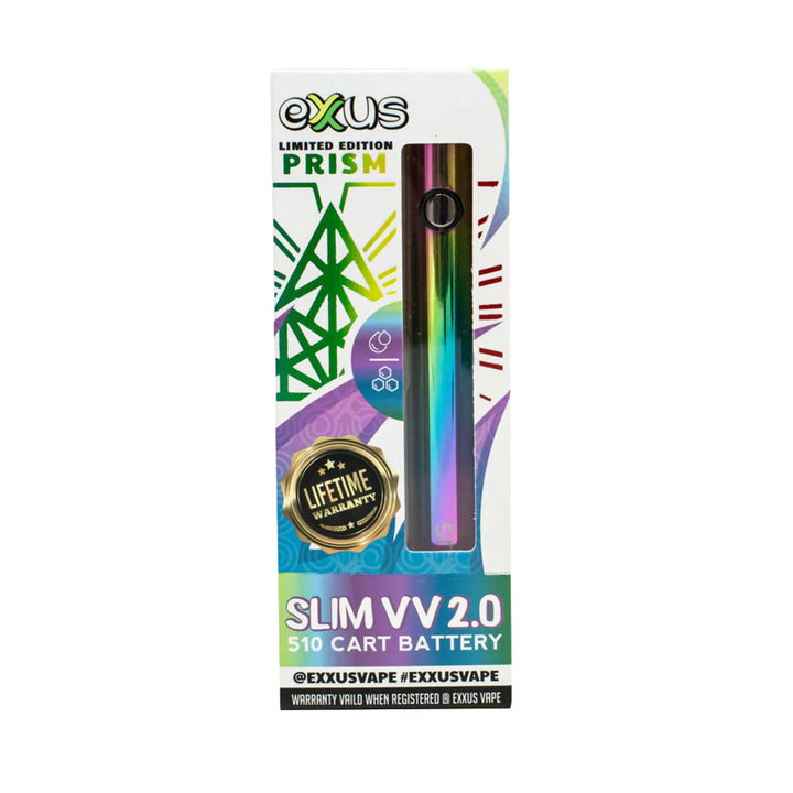 "The box of an Exxus Slim VV2 510 Vaporizer Battery in the color Prism. The box is decorated with a prism design in holographic green," - Up N Smoke.