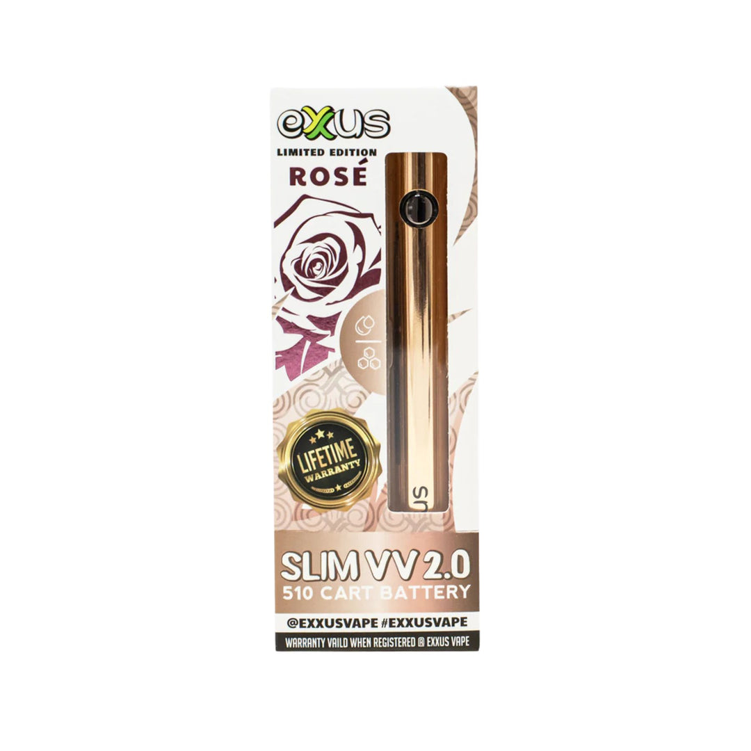 "A box of an Exxus Slim VV2 510 Threaded Battery in the color Rose. The packaging is decorated with a gold rose design and features a small viewing window to see the product," - Up N Smoke.
