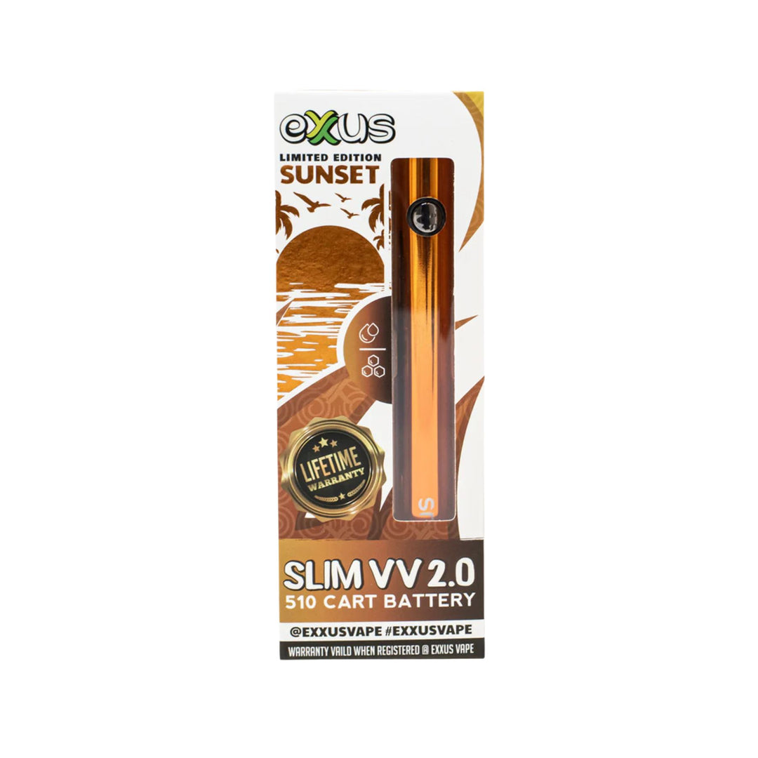 "The box of an Exxus Slim VV2 510 Battery in the color Sunset. The packaging features a small viewing window that showcases the product," - Up N Smoke.