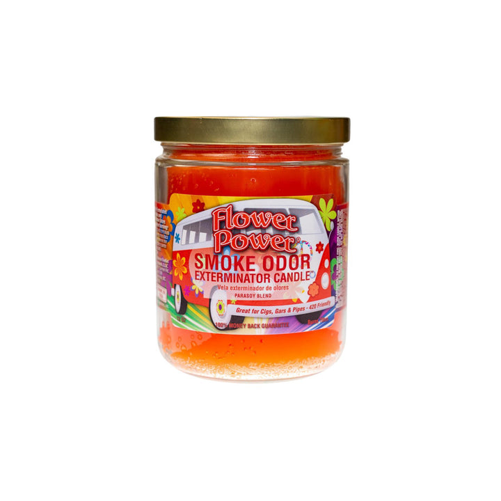 "Close-up of the Flower Power Smoke Odor Exterminator Candle. The jar features a vibrant, floral-themed label with colorful, retro flower patterns. The candle inside is a bright orange wax, and the label highlights its fresh, floral fragrance blend, designed to effectively eliminate smoke and other odors." - Up N Smoke.