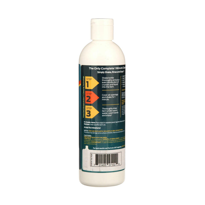 "Back label of a 12oz Formula 420 Plastics cleaner showing the instructions on how to use it," - Up N Smoke.