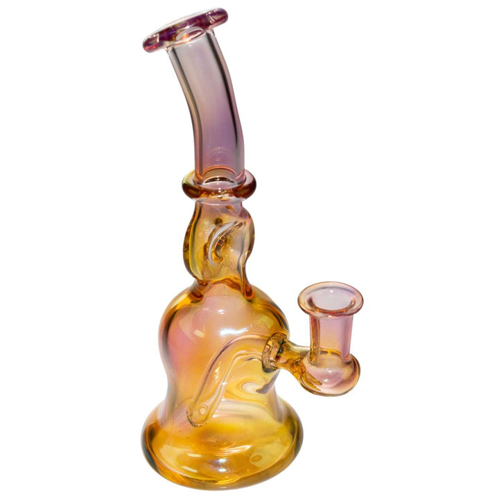 Right side view of a pink and gold Frank Plays water pipe with a fixed downstem and a donut recycler. - Up N Smoke.
