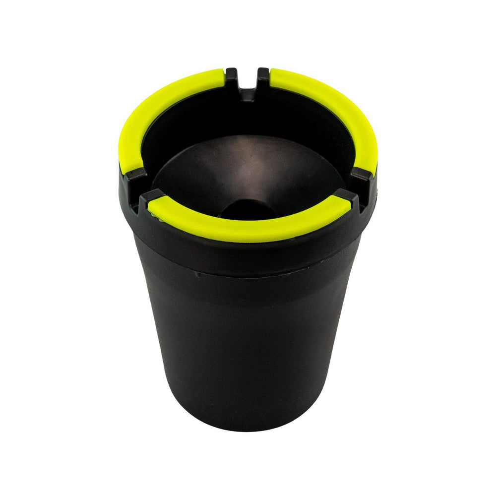 "Black and yellow Fujima Glow in the Dark Ashtray on a white background," - Up N Smoke.
