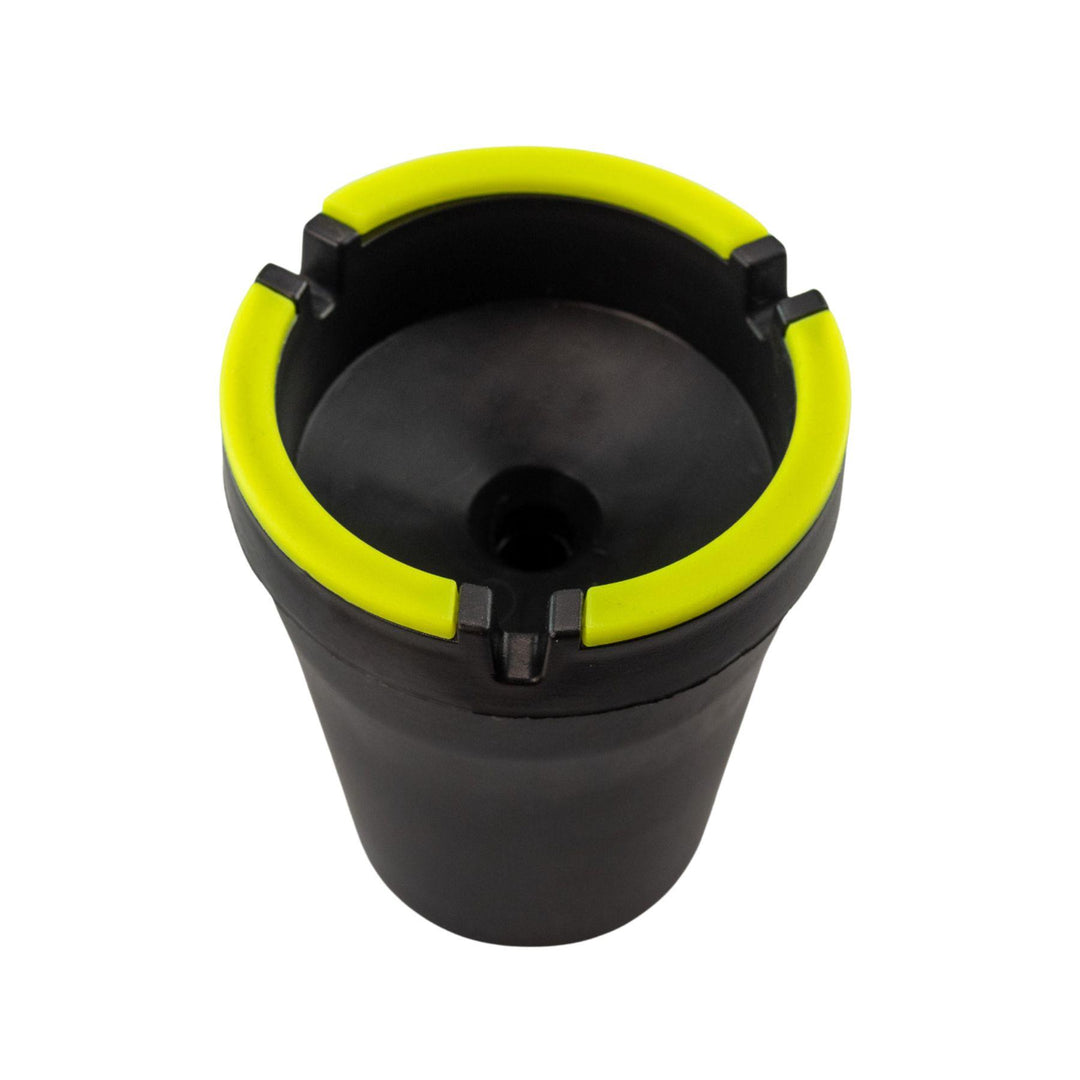 "Black and yellow Fujima Glow in the Dark Ashtray on a white background," - Up N Smoke.