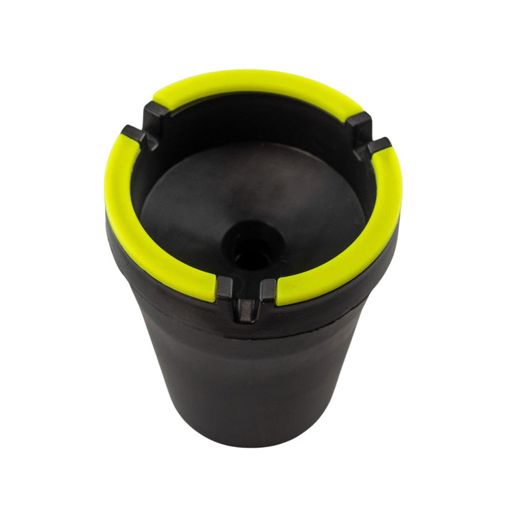 "Black and yellow Fujima Glow in the Dark Ashtray on a white background," - Up N Smoke.