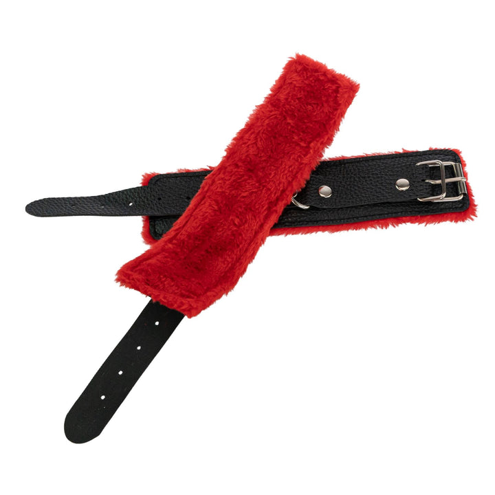 Fuzzy Handcuffs on a white background showcasing red fur - Up N Smoke