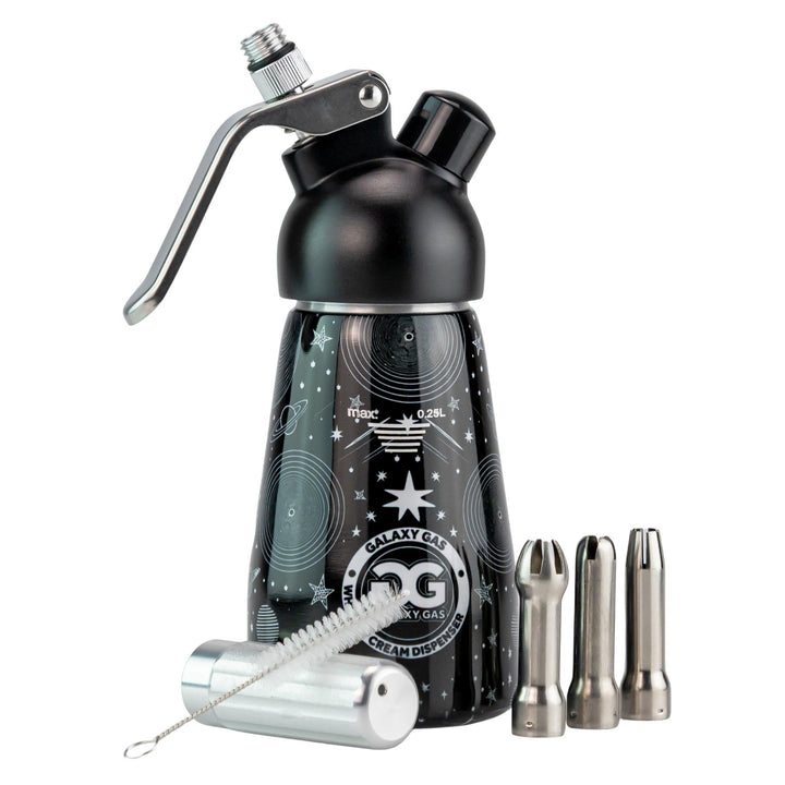 Galaxy Gas Whipped Cream Dispenser black color side angle with accessories on a white background - Up N Smoke