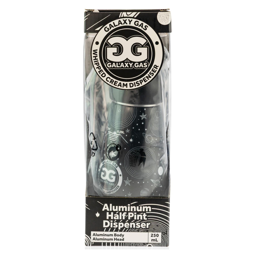 Galaxy Gas Whipped Cream Dispenser black color in box front angle on a white background - Up N Smoke