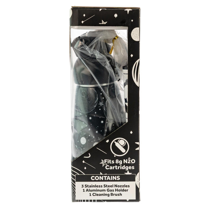 Galaxy Gas Whipped Cream Dispenser black color in box side angle on a white background - Up N Smoke