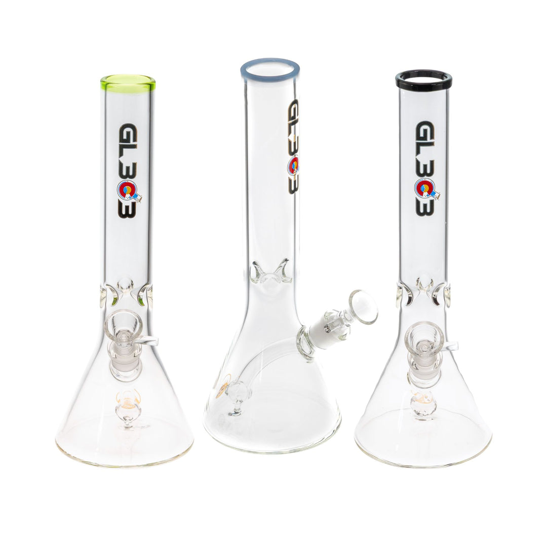Clear glass water pipes with GL303 logo on a white background - Up N Smoke