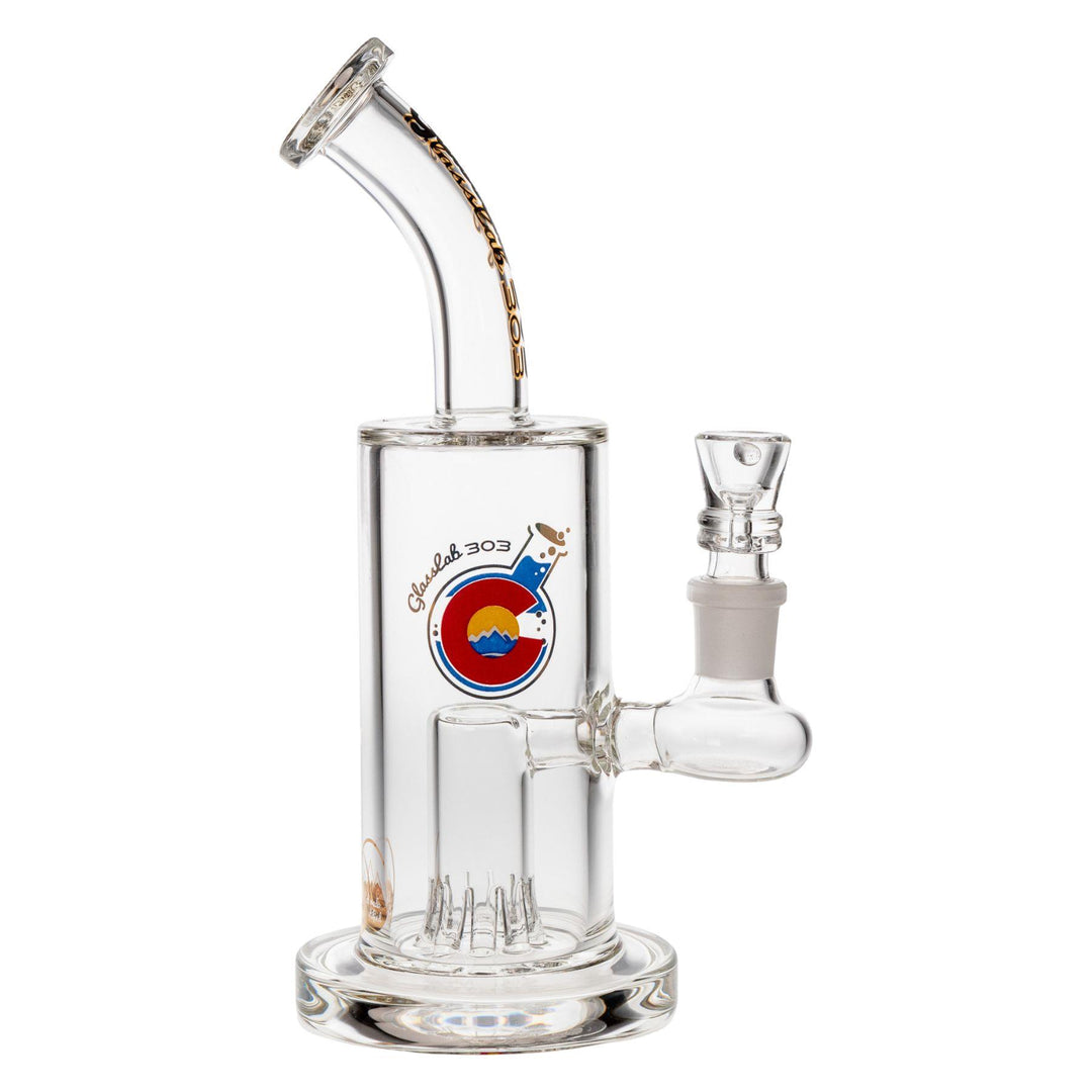 "Right-side view of a Glass Lab 303 Original Rig with a honeycone percolator on a white background," - Up N Smoke.