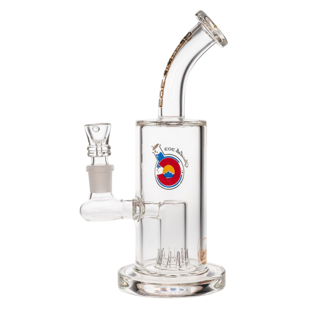 "Left-side view of a Glass Lab 303 Original Rig that features a honeycone percolator," - Up N Smoke.