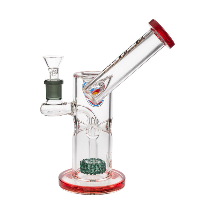 "Left-side view of a Glass Lab 303 Sidecar Water Pipe in the variation Red Elvis," - Up N Smoke.