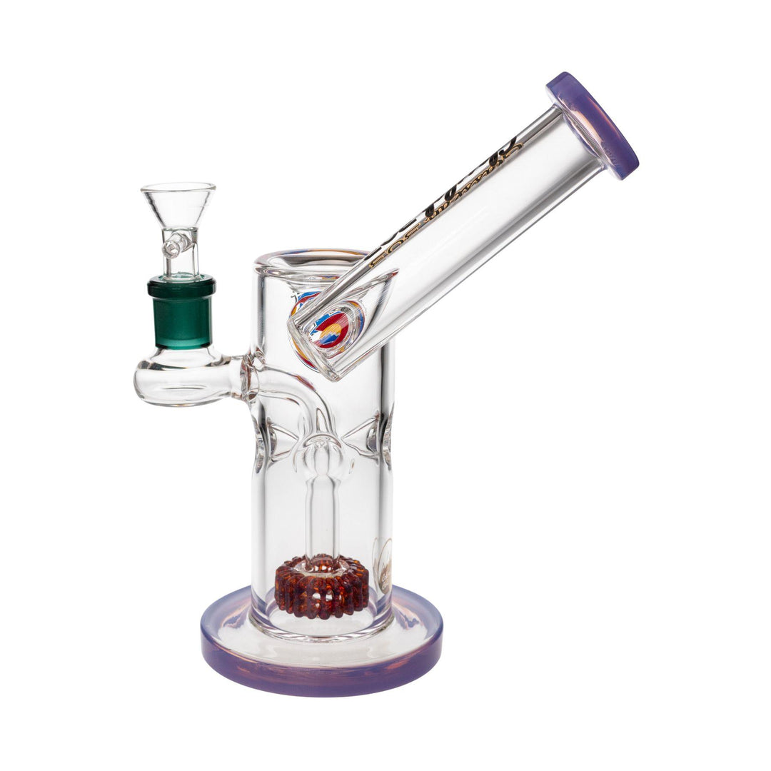 "Left-side view of a Glass Lab 303 Sidecar Water Pipe in the variation Wisteria on a white background," - Up N Smoke.