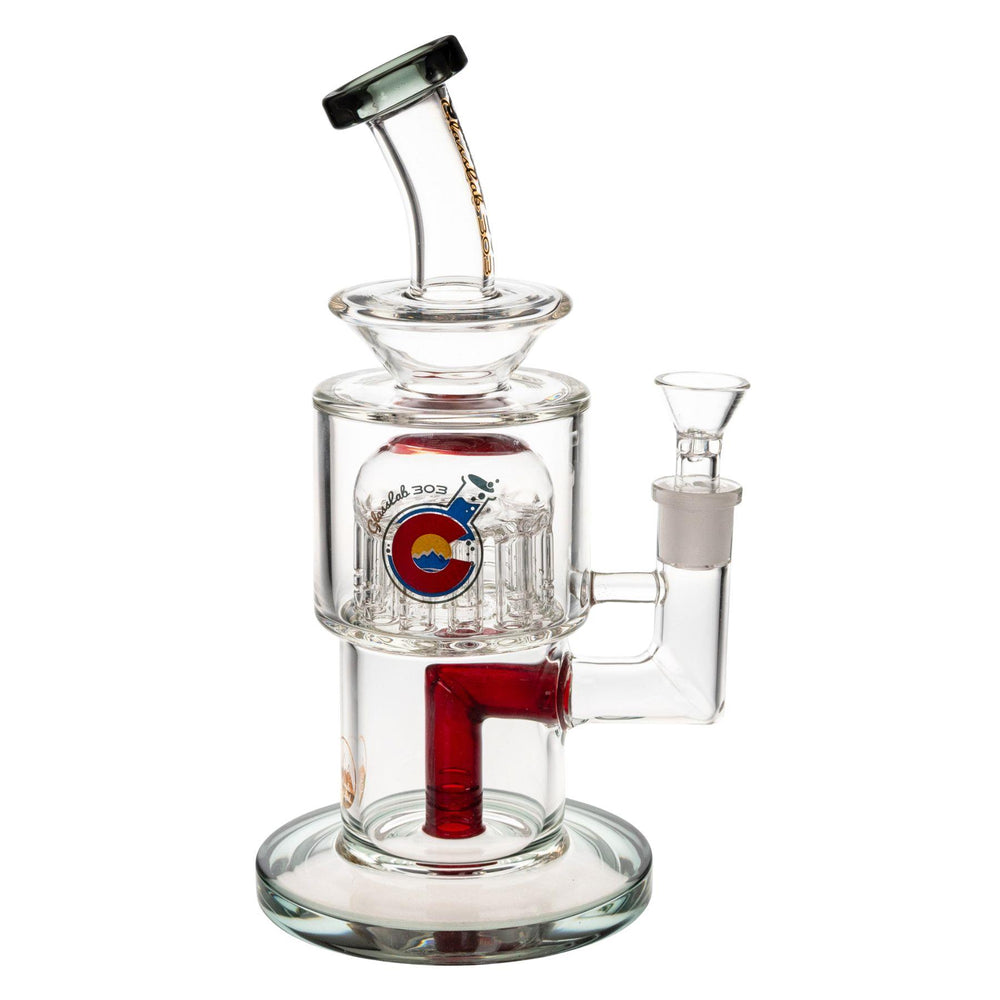 "Right-side of a Glass Lab 303 Tree Perc Water Pipe on a white background," - Up N Smoke.