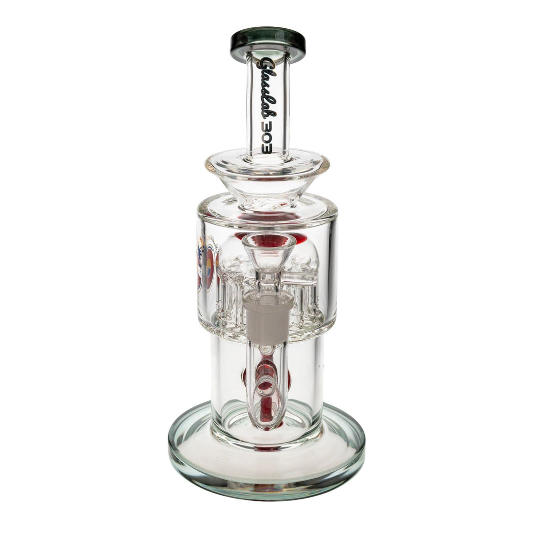"Front-view of a Glass Lab 303 Tree Perc Water Pipe in the variation Smoky on a white background," - Up N Smoke.