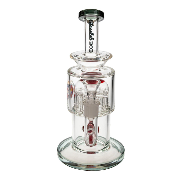 "Front-view of a Glass Lab 303 Tree Perc Water Pipe in the variation Smoky on a white background," - Up N Smoke.