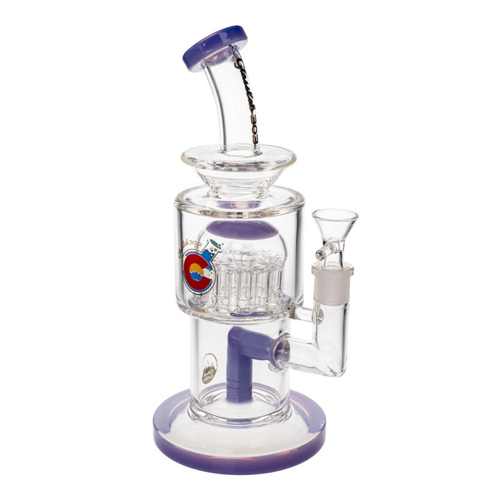 "Angled-view of a Glass Lab 303 Tree Perc Water Pipe in the variation Wisteria on a white background," - Up N Smoke.