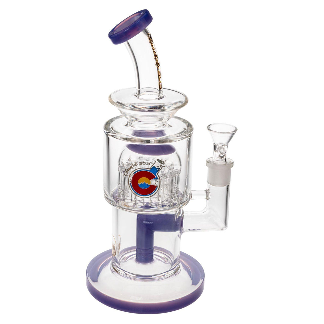 "Right-side view of a Wisteria Glass Lab 303 Tree Perc Water Pipe on a white background," - Up N Smoke.