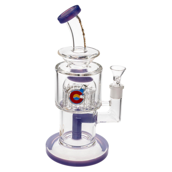 "Right-side view of a Wisteria Glass Lab 303 Tree Perc Water Pipe on a white background," - Up N Smoke.