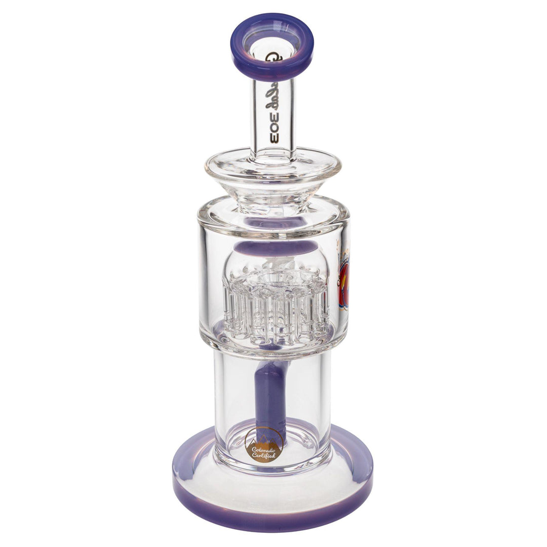 "Back of a Glass Lab 303 Tree Perc Water Pipe in the color Wisteria on a white background," - Up N Smoke.