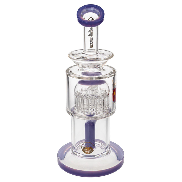 "Back of a Glass Lab 303 Tree Perc Water Pipe in the color Wisteria on a white background," - Up N Smoke.