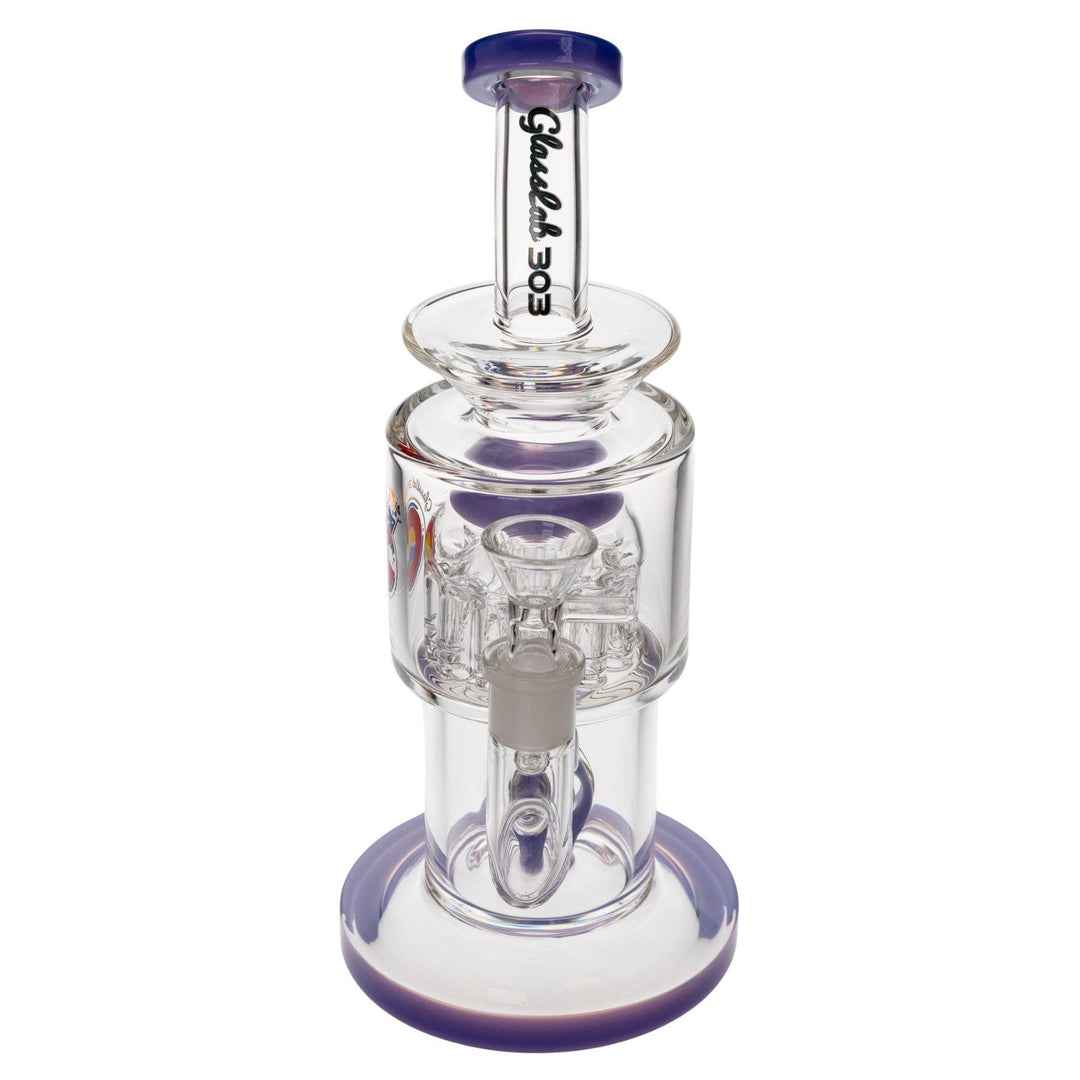 "Front of a Glass Lab 303 Tree Perc Water Pipe in the color Wisteria on a white background," - Up N Smoke.