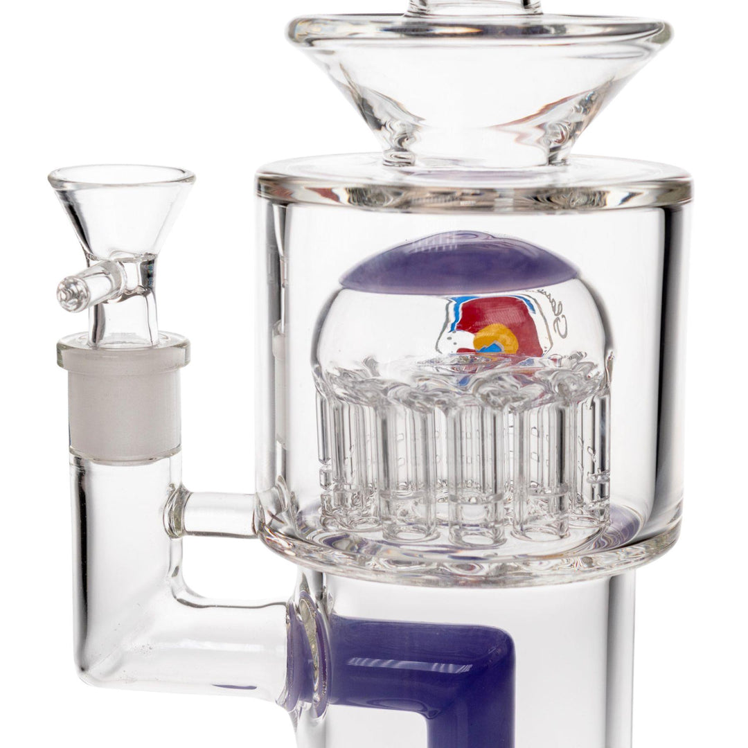 "Close-up of the interior of a Glass Lab 303 Tree Perc Water Pipe in the variation Wisteria on a white background," - Up N Smoke.