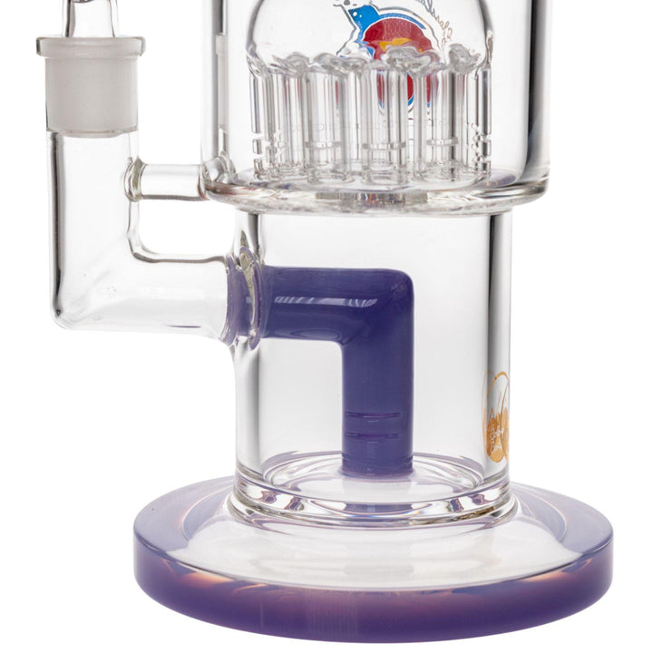 "Close-up of the purple fixed diffused downstem inside a Glass Lab 303 Tree Perc Water Pipe on a white background," - Up N Smoke.