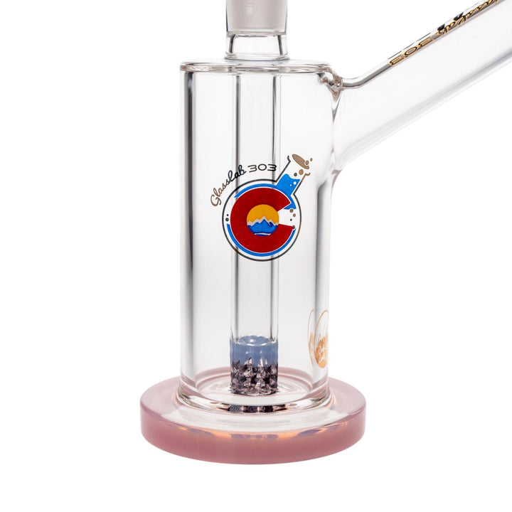 "Close-up of the interior of a Pink Glass Lab 303 Skinny 51 Water Pipe, showcasing the purple and blue colored-lace percolator," - Up N Smoke.