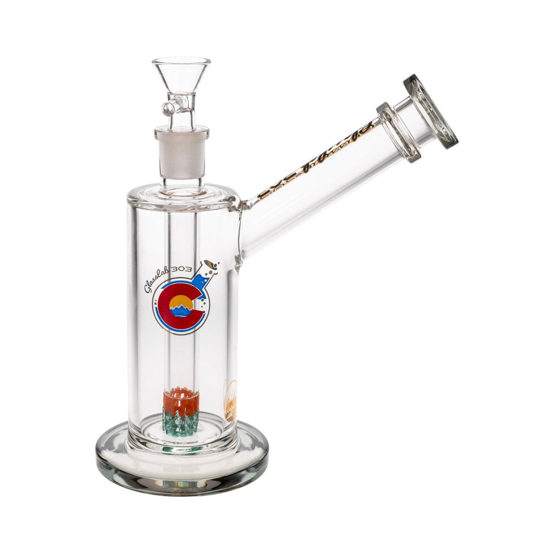 "Left-side of a Smoky Skinny 51 Water Pipe made by Glass Lab 303 on a white background," - Up N Smoke.