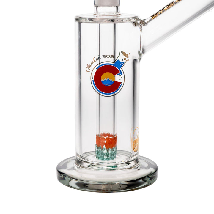 "Close-up of the interior of a Smoky Glass Lab 303 Skinny 51 Water Pipe on a white background," - Up N Smoke.