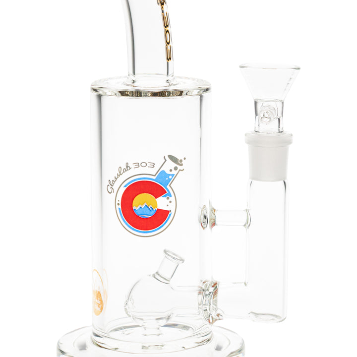 Glasslab 303 Economy Rig 3D Logo Perc downstem angle on a white background - Up N Smoke