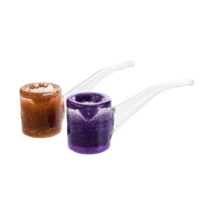 "Two 5-inch glycerin glitter hammer pipes in gold and purple with clear, sherlock-style stems, designed for freezing to provide smoother hits." - Up N Smoke.