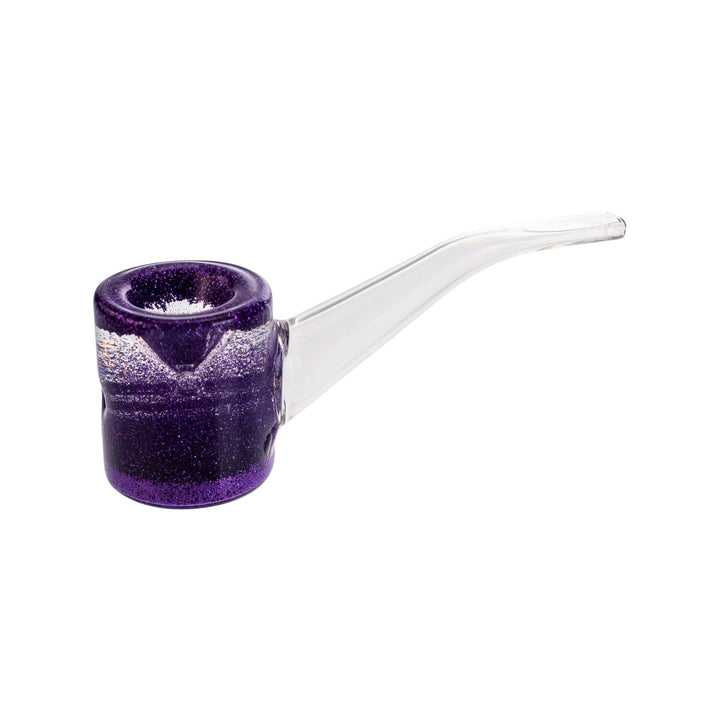 "5-inch glycerin glitter hammer pipe in purple with a clear, sherlock-style stem, designed for freezing to provide smoother hits." - Up N Smoke.